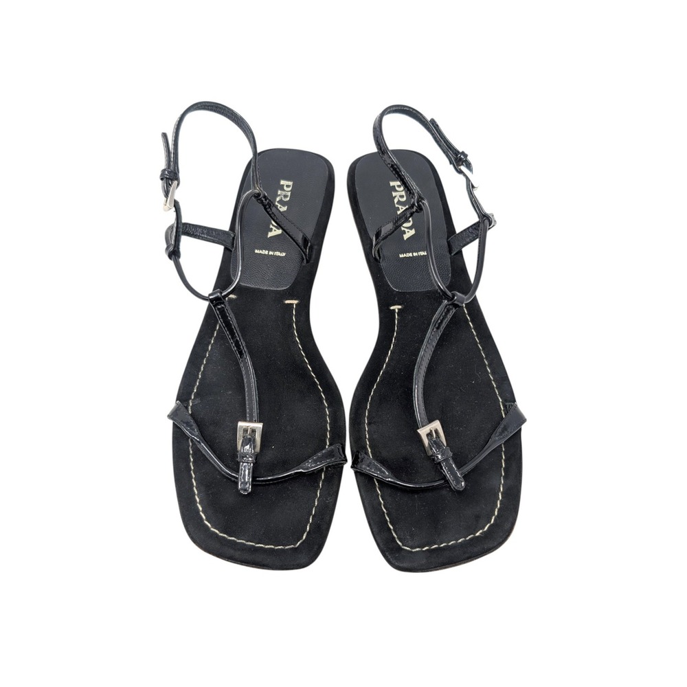 Prada Black Patent Leather T-Strap Flat‎ Sandals EU 40.5